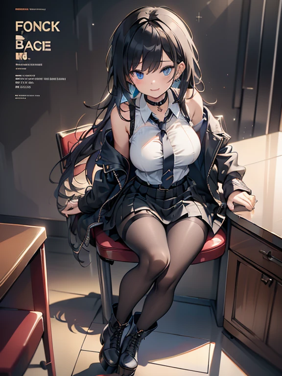 (from above:1.2),(Beautiful Allafed Woman),(((emphasizing breasts:1.0))),(Dynamic angles),(Dynamic and sexy bending pose:1.3),(sit a chair:1.3),(masterpiece:1.2), (Military uniform magazine cover:1.4),best quality,PIXIV,Sweet girl , sexy posture,1girl, (perky chest:1.2), rolling upskirt by wind:1.6, (with sparkling eyes and a contagious smile),open mouth, (pointed chest:1.2),fishnets, black hair, boots, long hair, black nails, skirt, shirt, solo, black footwear, bag, black skirt, jewelry, sitting, jacket, on head, black jacket, thigh strap, bangs, necktie, earrings, nail polish, white shirt, fishnet pantyhose, pantyhose, platform footwear, multicolored hair, looking at viewer, full body, bottle, own hands together, belt, jacket on shoulders, food, animal on head, black necktie, ring, choker, english text, collared shirt, blue eyes, platform boots, hat, cross-laced footwear, lace-up boots ,A scene of cooking in the kitchen
