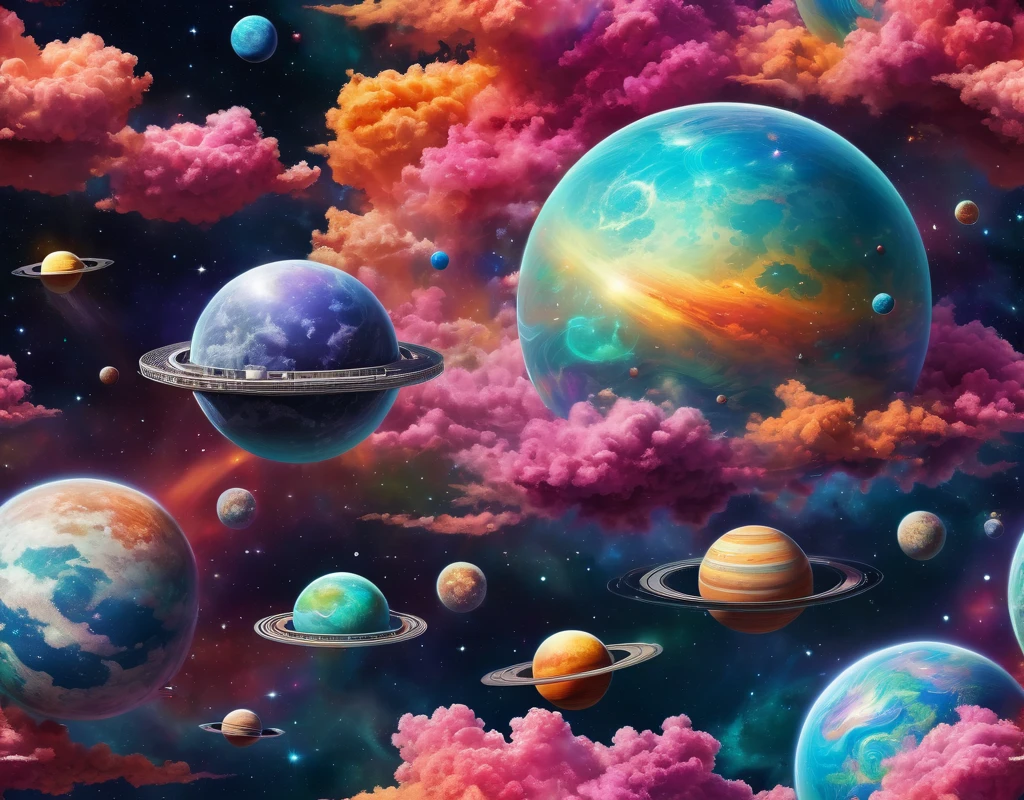 colorful, highly detailed, best quality, floating house on the clouds, colorful planets in the cosmos