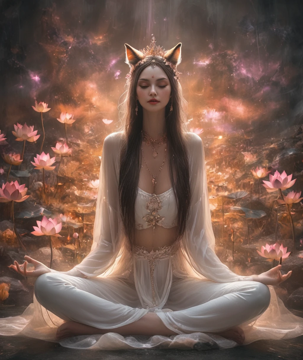 Lotus pose girl full body photography，Anatomically correct,Raw, Filming, (Be focused:1.5), (Reality:1.4), Dusk lighting, Volumetric Lighting, Ultra-high resolution, 16K,Dramatic Lighting, White background：1.5）（tangled，Mandala，dispute，Entanglement：0.7）Fox Demon，Fox Mask，short jacket, Foxfire Curse, fox family, Transformation, Depth of Field, Dreamy atmosphere, The most beautiful chaos, grace, Brutalist Design Dark Theme, Flower of Death, Flowers of ecstasy，Glowing Line,Glow Example，Tracking Example，flash， Backlight，translucent，Light Particles,HILL，exit