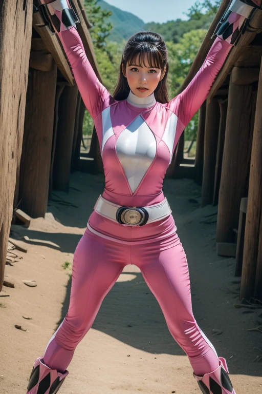 pink theme,pink ranger suit、curvy, big breats, full body, tied on Saint Andrew's cross in X position