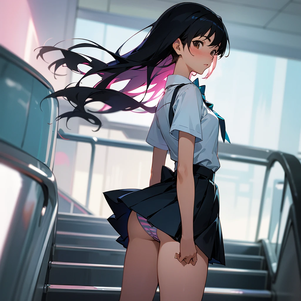 master piece, extremely detailed, high resolution, Makoto shinkai style, high school girl, going up the escalator, looking back at you with her back to you, miniskirt, panties visible, embarrassed as she holds her skirt down, glossy full lips, shiny hair, black hair, medium-long straight hair, short-sleeved shirt, blue bow tie, mid-bust, slender waist, above the waist, looking at the camera, brown eyes, pink lips, blushing cheeks and embarrassed, striped panties visible