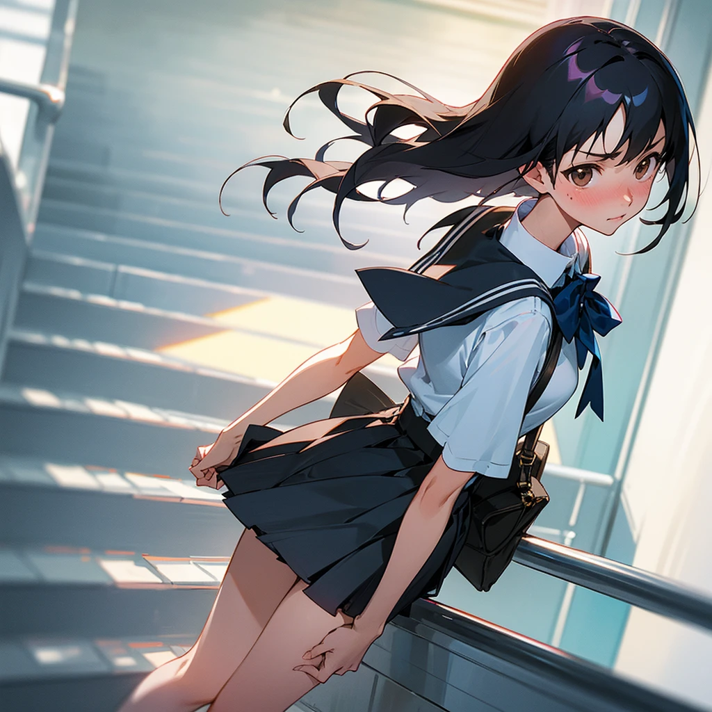 master piece, extremely detailed, high resolution, Makoto shinkai style, high school girl, going up the escalator, looking back at you with her back to you, miniskirt, panties visible, embarrassed as she holds her skirt down, glossy full lips, shiny hair, black hair, medium-long straight hair, short-sleeved shirt, blue bow tie, mid-bust, slender waist, above the waist, looking at the camera, brown eyes, pink lips, blushing cheeks and embarrassed, striped panties visible
