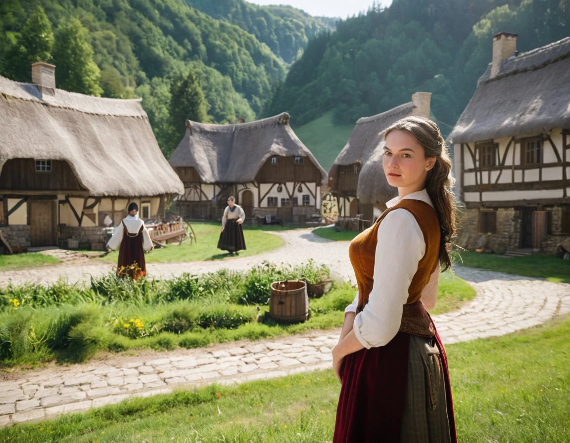 Medieval village, village houses in foreground, manor in background, villager in foreground, young woman, huge breasts, simple clothes