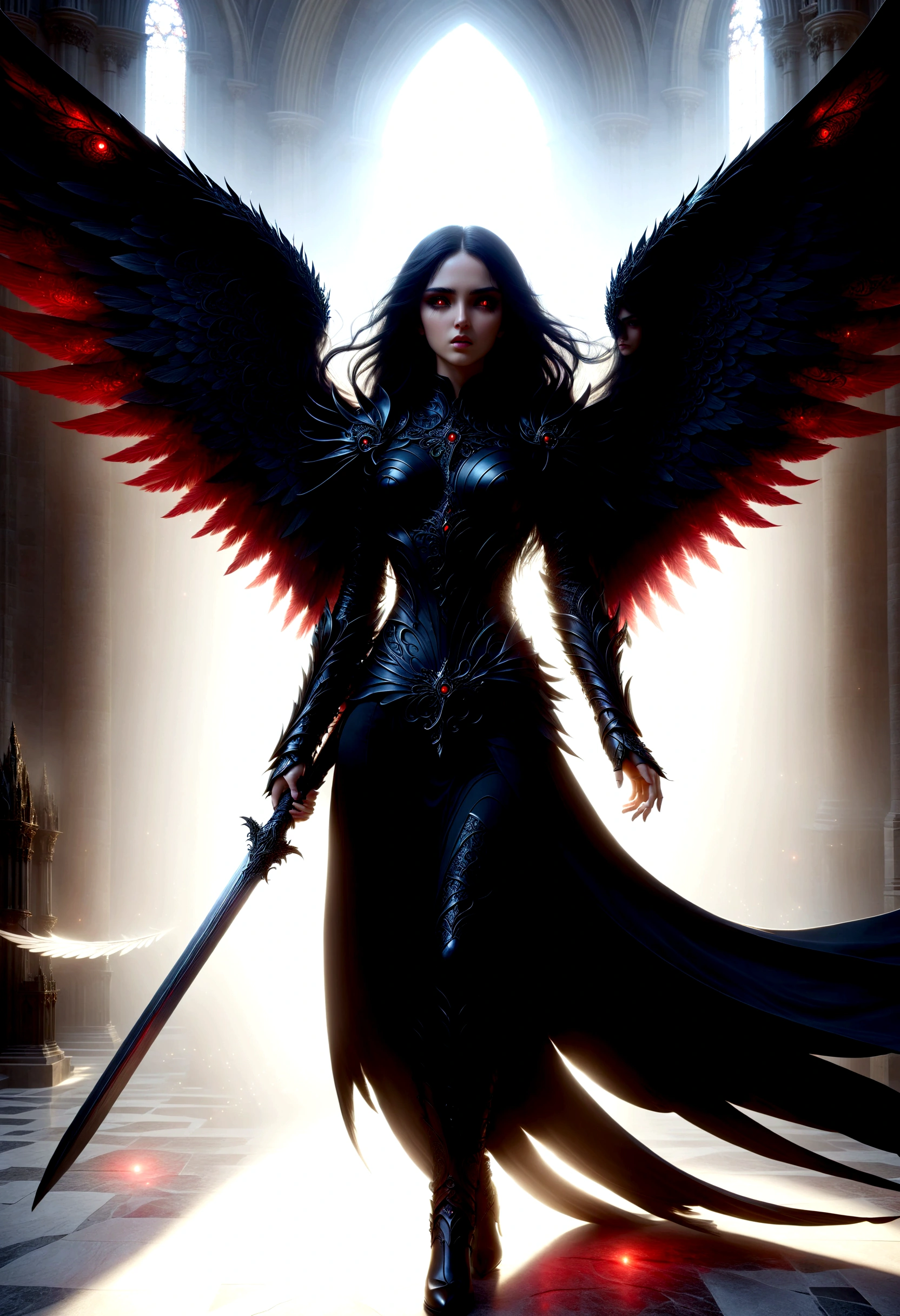 Best Quality Masterpiece A Woman Angel Warrior Gothic Incredibly Beautiful Long Red Eyes Black Hair Black Wings Wearing Black Clothes And Armor Corrupt Angel Woman In An Intricate Cathedral Utra Detailed 8K Extremely Realistic And Detailed