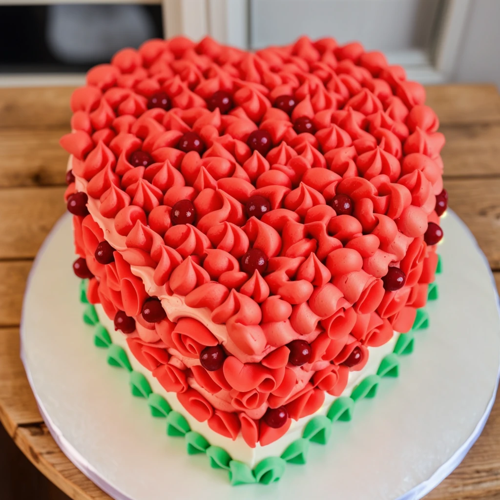 on a wooden table, a cream cake in the form of a heart, the lower part of the cake is made of green cream stars, a cream layers red white green, made of polymer clay, window light, bright lights, soft light, window light, professional lighting, light from the window, neat light, realistic texture, realistic style, detailed texture, high quality, high resolution, high quality rendering, realistic photo, brightning light, macro photo