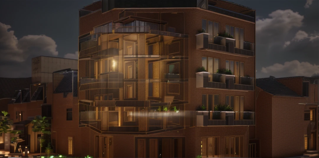 a photorealistic vray 6.0 rendered townhouse, ultra-detailed, stunning lighting, dramatic shadows, warm glowing lights, intricate architectural details, brick facade, tiled roof, lush greenery, cobblestone path, ornate windows, beautiful landscaping, highly realistic, cinematic atmosphere