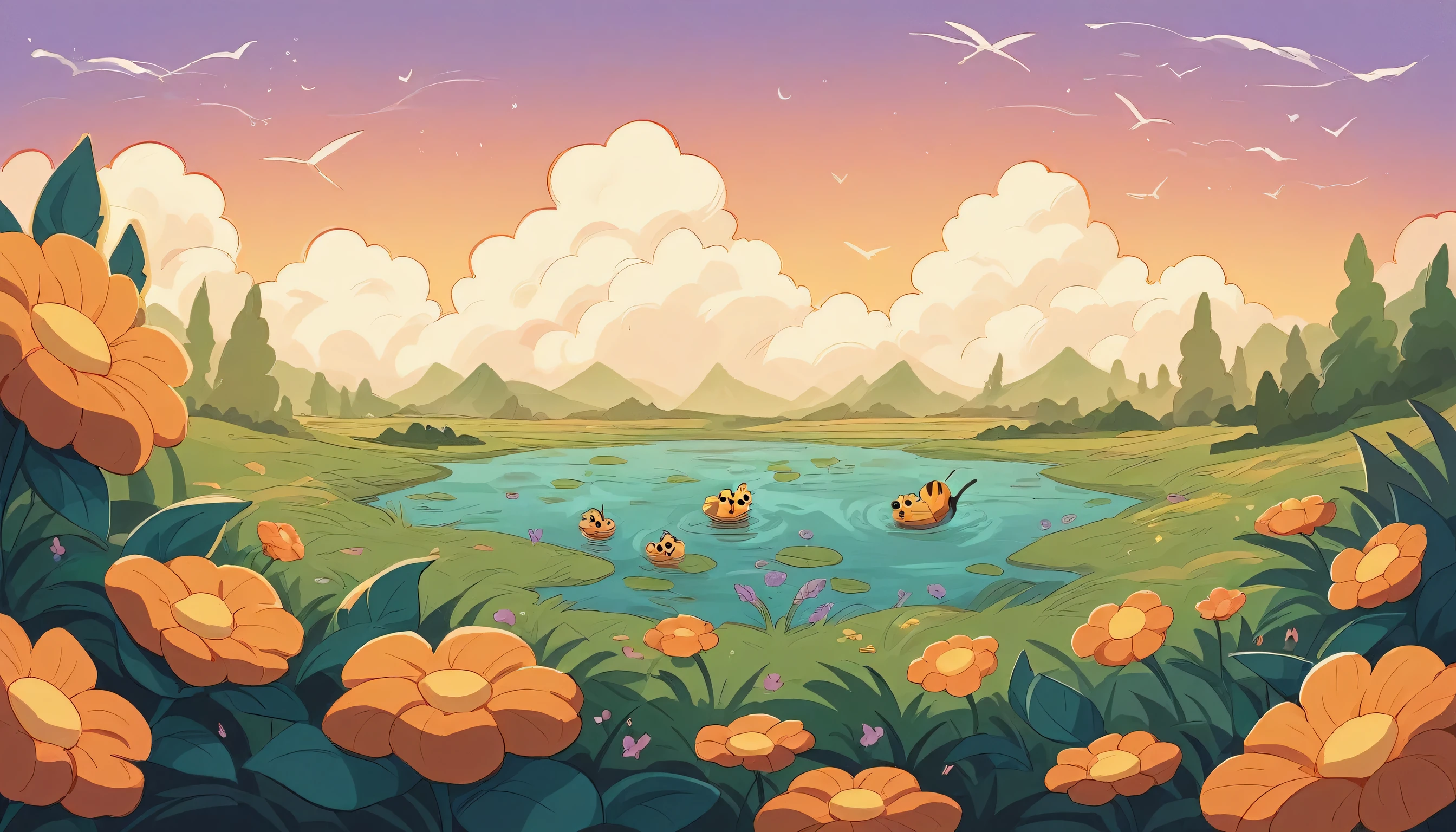 Immerse yourself in the dreamy ambiance of a vast lavender field bathed in the warm hues of a setting sun. Rows of fragrant lavender stretch to the horizon, creating a sea of purple blooms. Fluffy clouds painted in shades of pink and orange float lazily overhead, reflecting in a nearby pond. Bees buzz busily among the flowers, adding to the idyllic charm of this picturesque rural landscape.