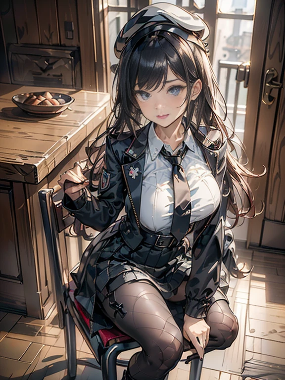 (from above:1.2),(Beautiful Allafed Woman),(((emphasizing breasts:1.0))),(Dynamic angles),(Dynamic and sexy bending pose:1.3),(sit a chair:1.3),(masterpiece:1.2), (Military uniform magazine cover:1.4),best quality,PIXIV,Sweet girl , sexy posture,1girl, (perky chest:1.2), rolling upskirt by wind:1.6, (with sparkling eyes and a contagious smile),open mouth, (pointed chest:1.2),fishnets, black hair, boots, long hair, black nails, skirt, shirt, solo, black footwear, bag, black skirt, jewelry, sitting, jacket, on head, black jacket, thigh strap, bangs, necktie, earrings, nail polish, white shirt, fishnet pantyhose, pantyhose, platform footwear, multicolored hair, looking at viewer, full body, bottle, own hands together, belt, jacket on shoulders, food, animal on head, black necktie, ring, choker, english text, collared shirt, blue eyes, platform boots, hat, cross-laced footwear, lace-up boots ,A scene of cooking in the kitchen