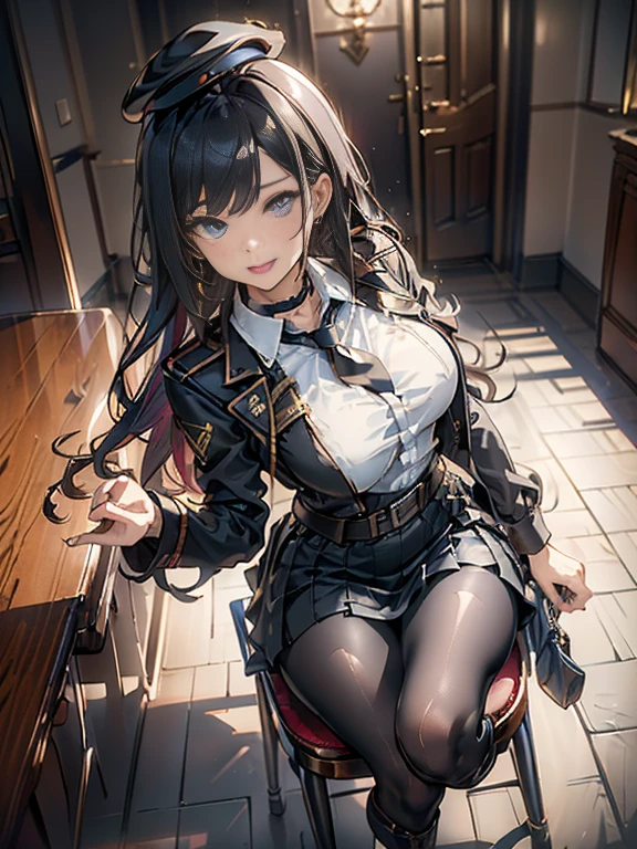 (from above:1.2),(Beautiful Allafed Woman),(((emphasizing breasts:1.0))),(Dynamic angles),(Dynamic and sexy bending pose:1.3),(sit a chair:1.3),(masterpiece:1.2), (Military uniform magazine cover:1.4),best quality,PIXIV,Sweet girl , sexy posture,1girl, (perky chest:1.2), rolling upskirt by wind:1.6, (with sparkling eyes and a contagious smile),open mouth, (pointed chest:1.2),fishnets, black hair, boots, long hair, black nails, skirt, shirt, solo, black footwear, bag, black skirt, jewelry, sitting, jacket, on head, black jacket, thigh strap, bangs, necktie, earrings, nail polish, white shirt, fishnet pantyhose, pantyhose, platform footwear, multicolored hair, looking at viewer, full body, bottle, own hands together, belt, jacket on shoulders, food, animal on head, black necktie, ring, choker, english text, collared shirt, blue eyes, platform boots, hat, cross-laced footwear, lace-up boots ,A scene of cooking in the kitchen
