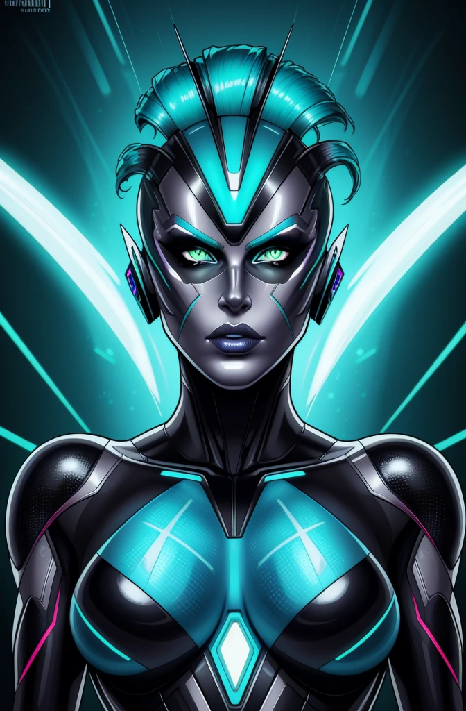 Kari Wurher, sleek futuristic outfit, sci-fi, portrait, (best quality, highres:1.2), vibrant colors, dynamic lighting, glowing effects, metallic texture, detailed face, fierce expression, confident pose, angular lines, trendy hairstyle, striking makeup.