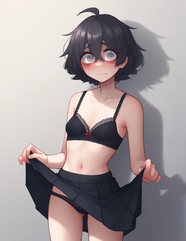 1 girl, alone, ppka, black fur, short hair, messy fur, Ahoge, parts, parts por todo el cuerpo, grey eyes, blind eyes, kind eyes, blushing, nervous, cute look, looking at the viewer,
bra, black bra, black brigade,
mini skirt, mini skirt a cuadritos, mini skirt gris,
visible panties, abdomen visible, visible navel, visible panties, visible legs, lifting her skirt, skirt up,
