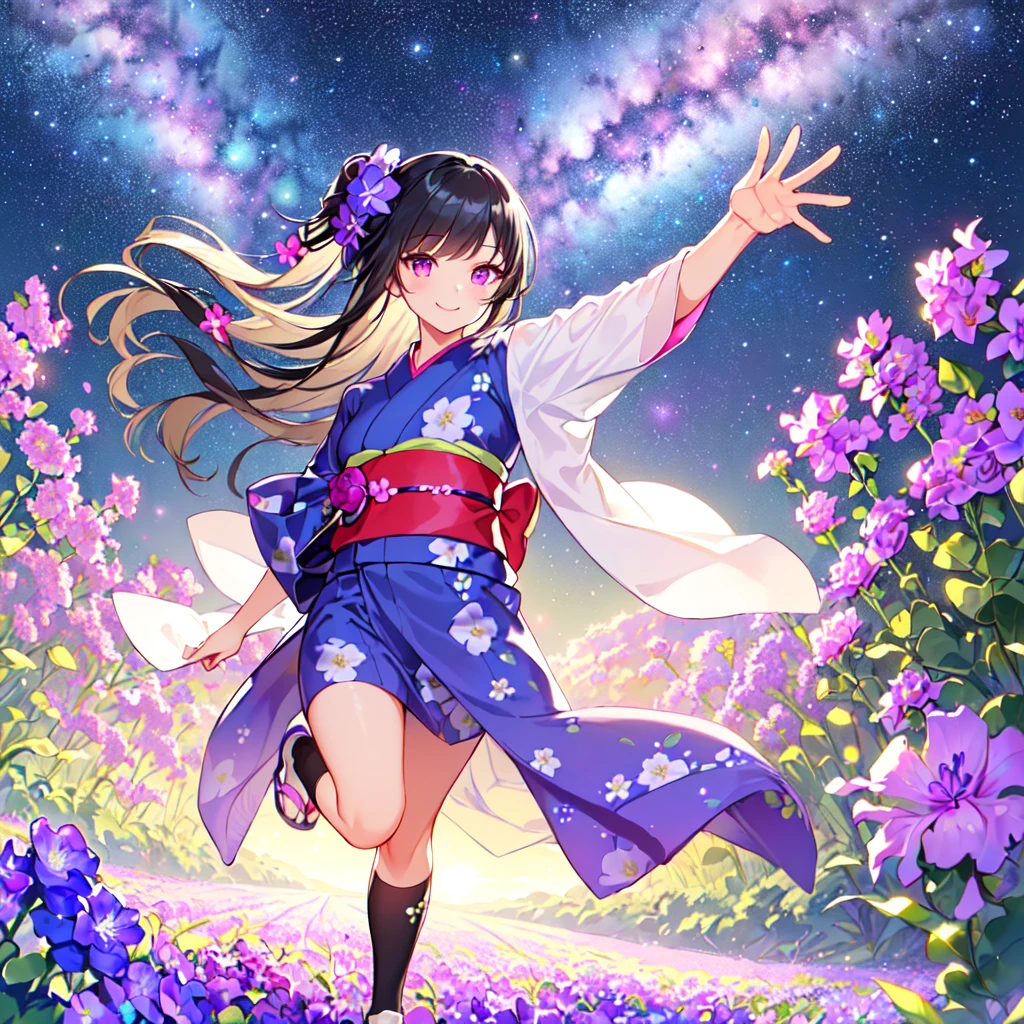 masterpiece, best quality, high quality, extremely detailed, very delicate and beautiful, (1 female 18 years old solo:1.5), (long black hair up to waist with two side up:1.5), bangs to eyebrows, eyes (eyes sharp, strong and glossy, eyebrows glossy, (eye color magenta: 1.3), 6.5 head height, (yukata bellflower flower print fashion: 1.3), bellflower hair ornament, knee socks, ruffles, lace, (smiling), (running), (dynamic pose), (background bellflower colorful flower field:1.3), (Milky Way Night Sky:1.3)