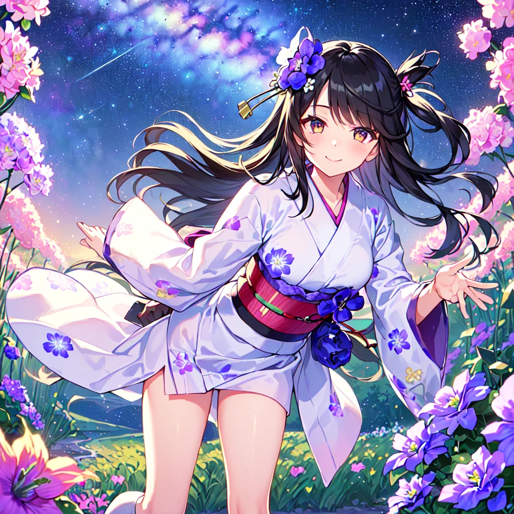 masterpiece, best quality, high quality, extremely detailed, very delicate and beautiful, (1 female 18 years old solo:1.5), (long black hair up to waist with two side up:1.5), bangs to eyebrows, eyes (eyes sharp, strong and glossy, eyebrows glossy, (eye color magenta: 1.3), 6.5 head height, (yukata bellflower flower print fashion: 1.3), bellflower hair ornament, knee socks, ruffles, lace, (smiling), (running), (dynamic pose), (background bellflower colorful flower field:1.3), (Milky Way Night Sky:1.3)