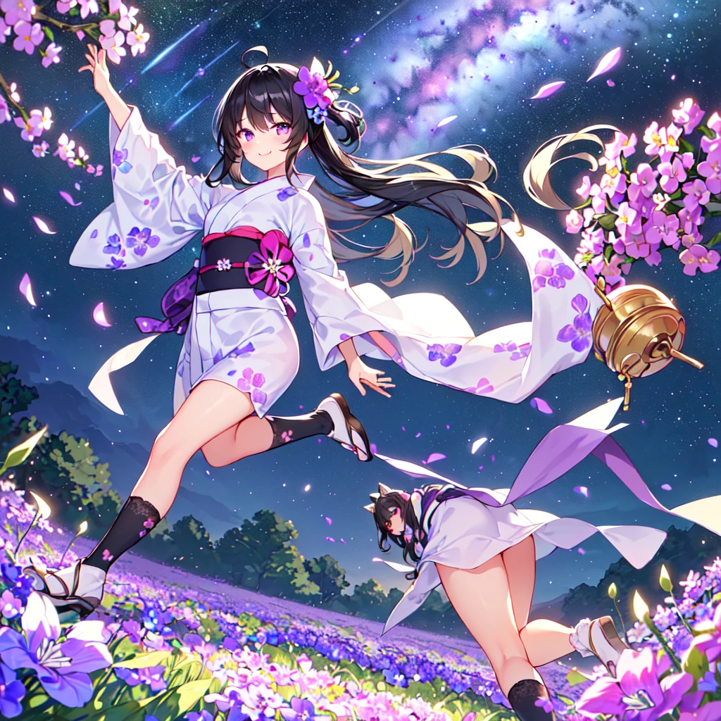 masterpiece, best quality, high quality, extremely detailed, very delicate and beautiful, (1 female 18 years old solo:1.5), (long black hair up to waist with two side up:1.5), bangs to eyebrows, eyes (eyes sharp, strong and glossy, eyebrows glossy, (eye color magenta: 1.3), 6.5 head height, (yukata bellflower flower print fashion: 1.3), bellflower hair ornament, knee socks, ruffles, lace, (smiling), (running), (dynamic pose), (background bellflower colorful flower field:1.3), (Milky Way Night Sky:1.3)