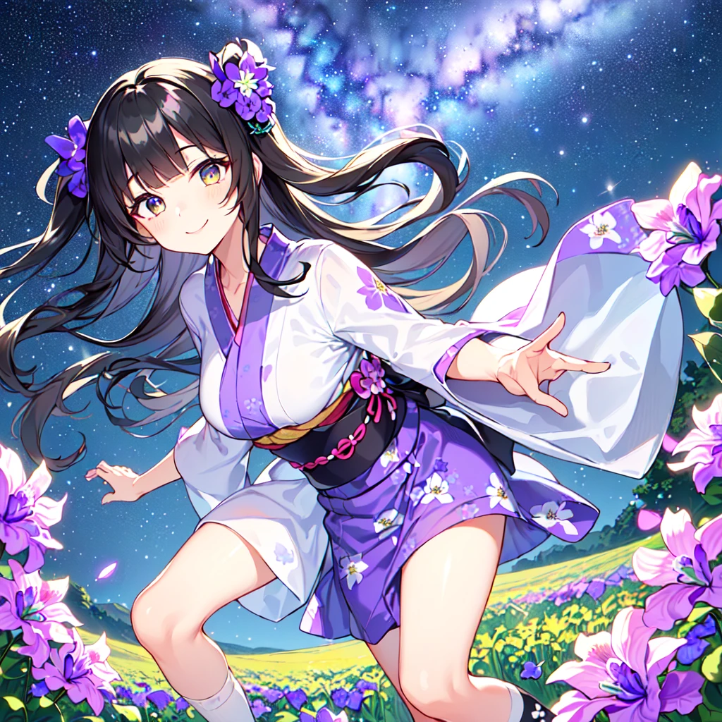 masterpiece, best quality, high quality, extremely detailed, very delicate and beautiful, (1 female 18 years old solo:1.5), (long black hair up to waist with two side up:1.5), bangs to eyebrows, eyes (eyes sharp, strong and glossy, eyebrows glossy, (eye color magenta: 1.3), 6.5 head height, (yukata bellflower flower print fashion: 1.3), bellflower hair ornament, knee socks, ruffles, lace, (smiling), (running), (dynamic pose), (background bellflower colorful flower field:1.3), (Milky Way Night Sky:1.3)