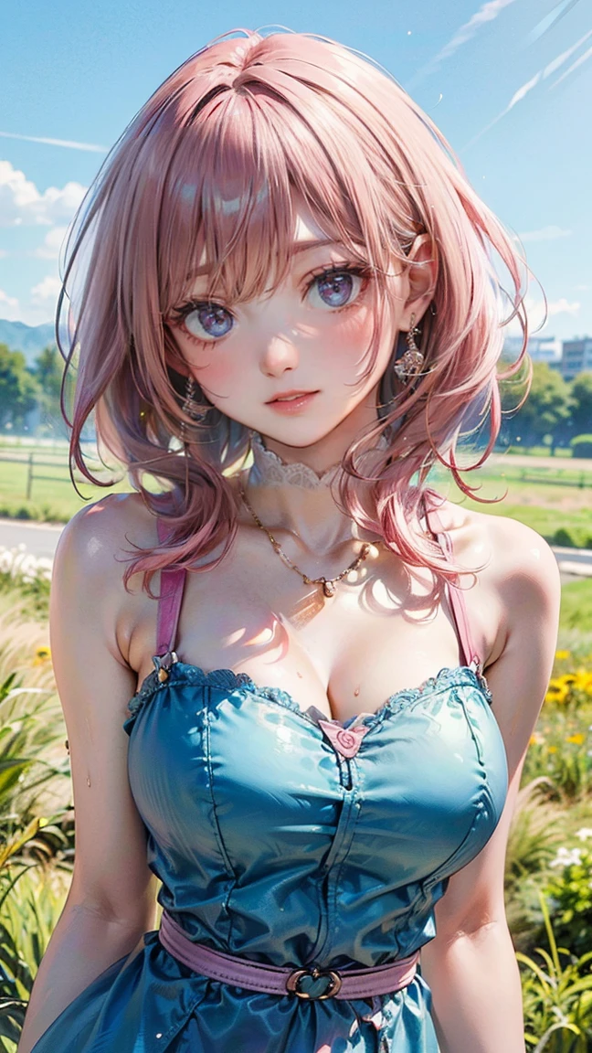 (Masterpiece, BestQuality:1.3), (ultra detailed:1.2), (hyperrealistic:1.3), (RAW photo:1.2), High detail RAW color photo, professional photograph, (Photorealistic:1.4), (realistic:1.4), (Pink Hair:1.5), professional lighting, perfect anatomy, (:1.2), (blush, detailed face), (cheerful Smile:1.5), Trending Hair&Trending Hairカラーをランダムに, earrings, necklace, bracelet, sexly, erotsexly,  sexy gure poses, (Sebeauty in a light bluress、Sunny sky background、Bright smile、Running pose in the grassland、Shoulders exposed:1.3)