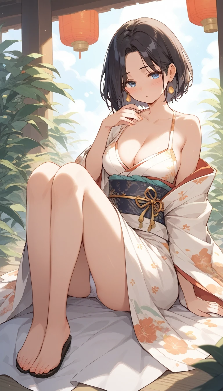 (score_9,score_8_up,score_7_up,score_6_up),masterpiece, best quality, source anime, rating_explicit, (((masterpiece))), (((best quality))), ((ultra-detailed)), ((illustration)), (1girl), (beautiful Japanese woman), (long black hair), (blue eyes), simple background, (wearing traditional kimono with bikini style), (detailed face), (perfect anatomy), (serene expression), (minimalist style),(cleavage:1.1), golden hour, (high contrast), blush, confused, vivid color, full body with dancing