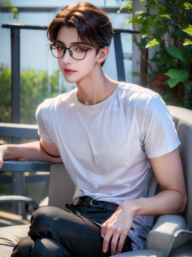 1 teenage boy, detailed eyes, curly brown hair, pale smooth skin, sitting outdoors, black skinny jeans, plaid shirt outside, t-shirt inside, model, (best quality,4k,8k,highres,masterpiece:1.2),ultra-detailed,(realistic,photorealistic,photo-realistic:1.37),hyperrealistic, cinematic lighting, professional photography, natural setting, warm color tones, pale skin ultra realistic soft smooth skin, soft smile, wearing glasses