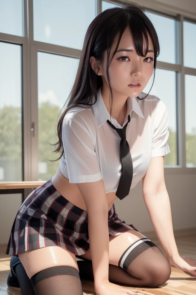 (masterpiece, Best quality:1.2), hyper realistic , One, 1 girl, Yukinoshita Yukino, (shiny skin, wet skin:1.2), Sweating, A slight smile, Looking at the viewer, On knees, , The white shirt is unbuttoned, bare chest without bra,pink nipples sticking out, , plaid short skirt, thigh high, stockings, noon, classroom hyperrealistic 