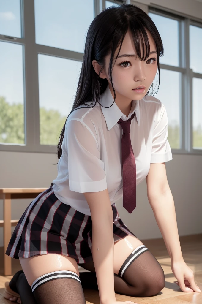 (masterpiece, Best quality:1.2), hyper realistic , One, 1 girl, Yukinoshita Yukino, (shiny skin, wet skin:1.2), Sweating, A slight smile, Looking at the viewer, On knees, , The white shirt is unbuttoned, bare chest without bra,pink nipples sticking out, , plaid short skirt, thigh high, stockings, noon, classroom hyperrealistic 