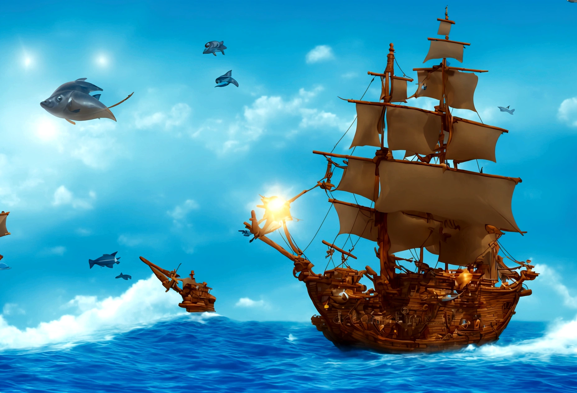 There is a pirate ship on the sea、3D illustration of a fish jumping over it