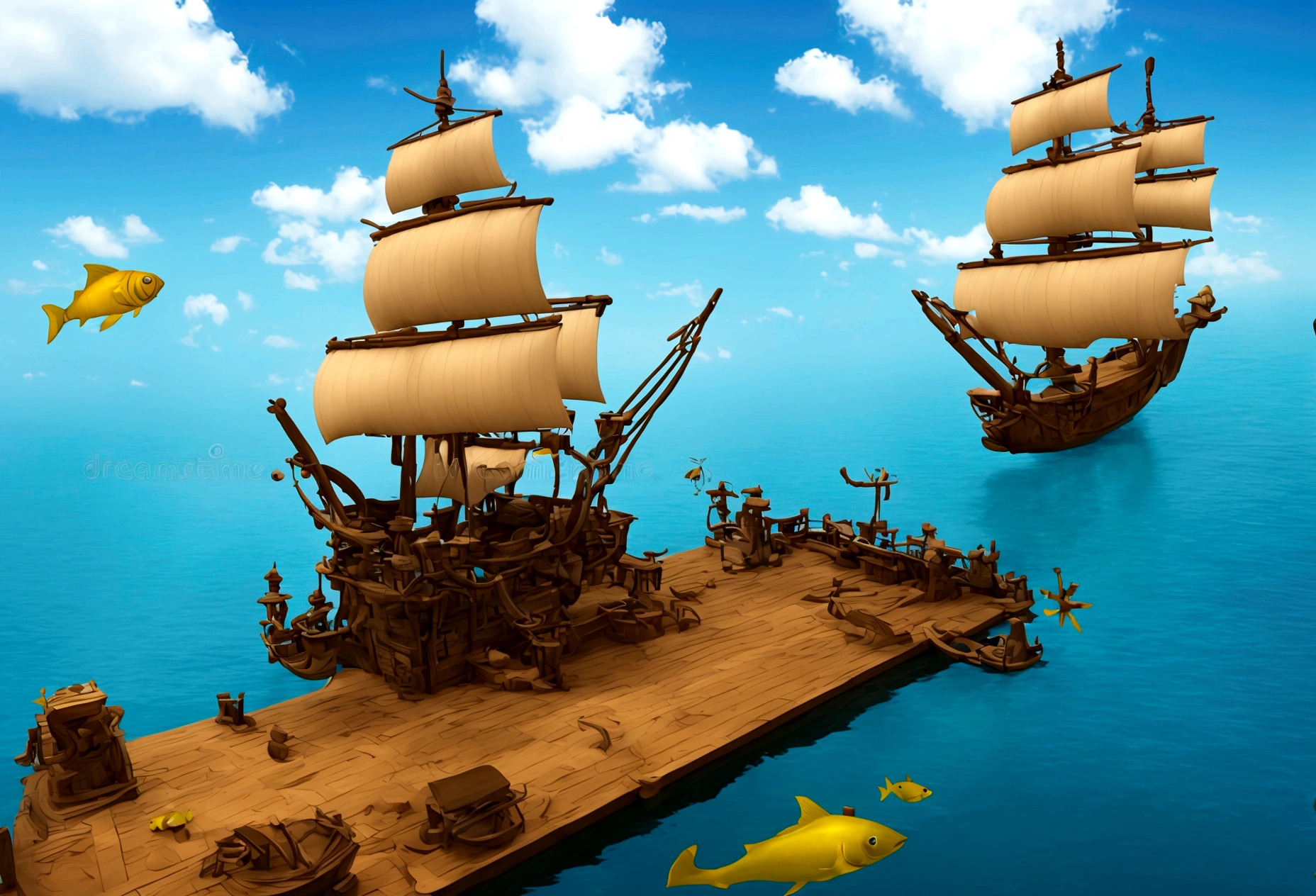 There is a pirate ship on the sea、3D illustration of a fish jumping over it