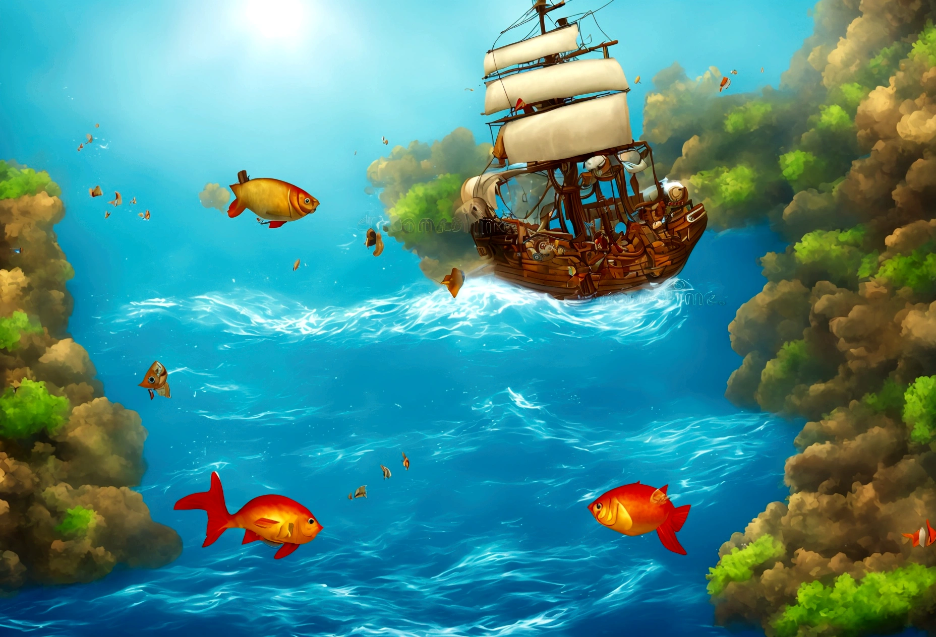 There is a pirate ship on the sea、3D illustration of a fish jumping over it