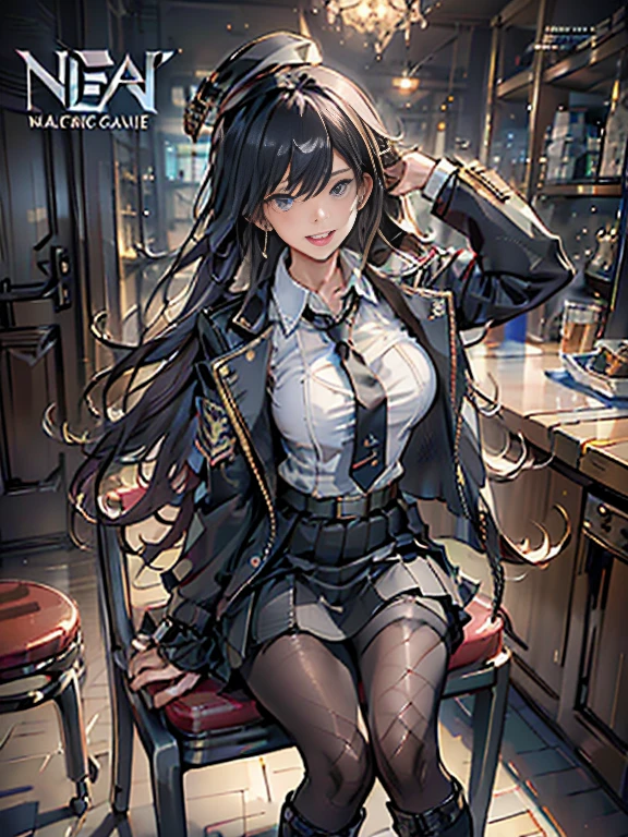 (from above:1.2),(Beautiful Allafed Woman),(((emphasizing breasts:1.0))),(Dynamic angles),(Dynamic and sexy bending pose:1.3),(sit a chair:1.3),(masterpiece:1.2), (Military uniform magazine cover:1.4),best quality,PIXIV,Sweet girl , sexy posture,1girl, (perky chest:1.2), rolling upskirt by wind:1.6, (with sparkling eyes and a contagious smile),open mouth, (pointed chest:1.2),fishnets, black hair, boots, long hair, black nails, skirt, shirt, solo, black footwear, bag, black skirt, jewelry, sitting, jacket, on head, black jacket, thigh strap, bangs, necktie, earrings, nail polish, white shirt, fishnet pantyhose, pantyhose, platform footwear, multicolored hair, looking at viewer, full body, bottle, own hands together, belt, jacket on shoulders, food, animal on head, black necktie, ring, choker, english text, collared shirt, blue eyes, platform boots, hat, cross-laced footwear, lace-up boots ,A scene of cooking in the kitchen