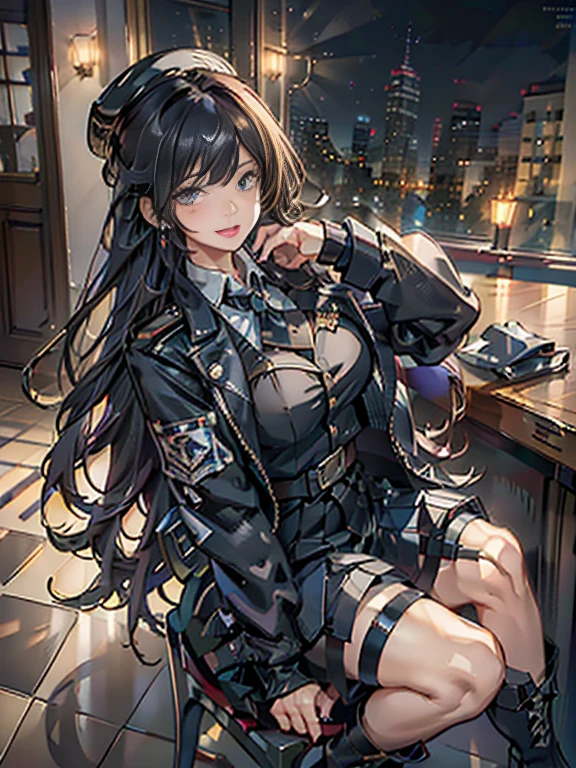 (from above:1.2),(Beautiful Allafed Woman),(((emphasizing breasts:1.0))),(Dynamic angles),(Dynamic and sexy bending pose:1.3),(sit a chair:1.3),(masterpiece:1.2), (Military uniform magazine cover:1.4),best quality,PIXIV,Sweet girl , sexy posture,1girl, (perky chest:1.2), rolling  by wind:1.6, (with sparkling eyes and a contagious smile),open mouth, (pointed chest:1.2),fishnets, black hair, boots, long hair, black nails, skirt, shirt, solo, black footwear, bag, black skirt, jewelry, sitting, jacket, on head, black jacket, thigh strap, bangs, necktie, earrings, nail polish, white shirt, fishnet pantyhose, pantyhose, platform footwear, multicolored hair, looking at viewer, full body, bottle, own hands together, belt, jacket on shoulders, food, animal on head, black necktie, ring, choker, english text, collared shirt, blue eyes, platform boots, hat, cross-laced footwear, lace-up boots ,A scene of cooking in the kitchen
