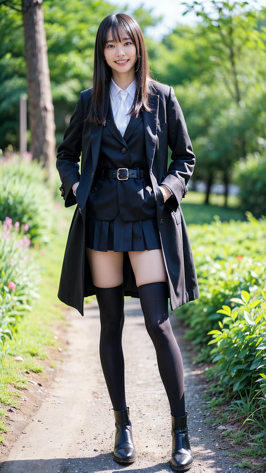 (8K、RAW Photos、Highest quality、masterpiece:1.2)、(Realistic、Realistic)、1 Girl、((Check mini skirt、Long coat、Medium Hair、black、Thin legs、whole body、boots、blackいコート、one piece、tights、garden、View from the front、smile、Looking into the camera、belt、Stand with hands on hips))、cute