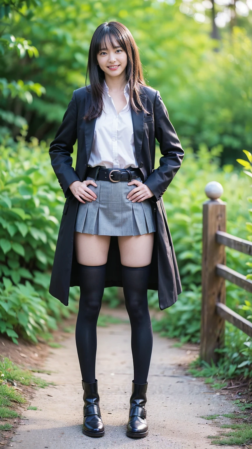 (8K、RAW Photos、Highest quality、masterpiece:1.2)、(Realistic、Realistic)、1 Girl、((Check mini skirt、Long coat、Medium Hair、black、Thin legs、whole body、boots、blackいコート、one piece、tights、garden、View from the front、smile、Looking into the camera、belt、Stand with hands on hips))、cute