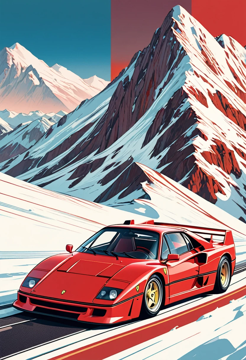 Magnifique Ferrari F40, rouge, vue arrière, stylized digital illustration, very detailed digital illustration, Retro style art, detailed vector art, retro illustration, realistic, arrière plan montagne enneigée