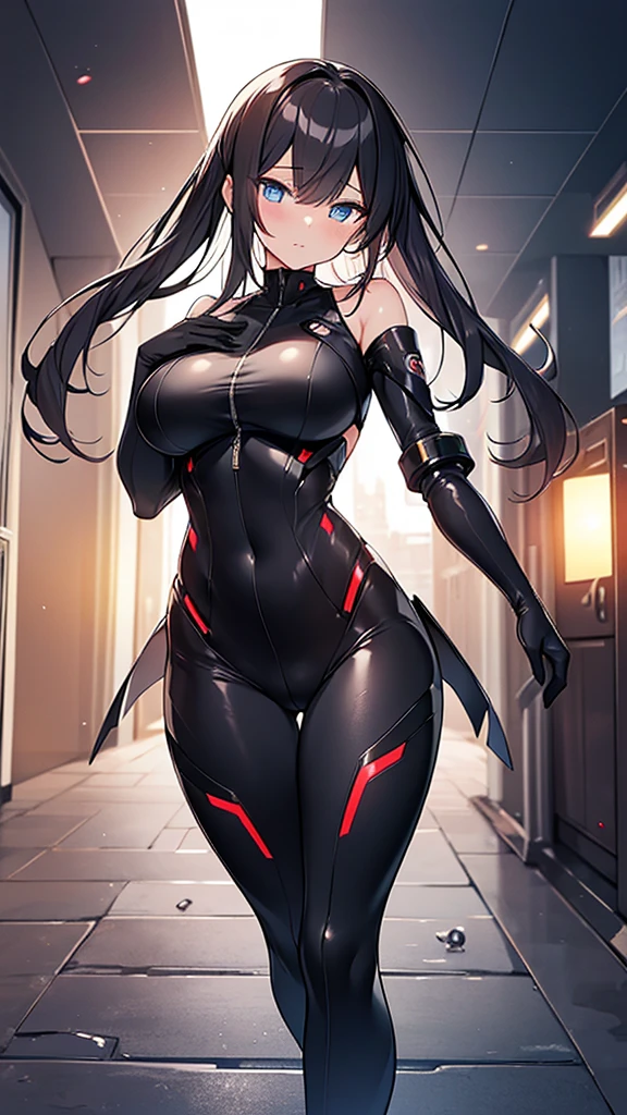 (Highly detailed CG Unity 16k wallpaper,masterpiece, Biological, whole body),(Best lighting, Best Shadow, Very delicate and beautiful),(One girl),blue eyes, Big Breasts, Black Hair,Red and black off-the-shoulder revealing high-cut SF bodysuit,レオタードの服,Neck Seal,High-tech sci-fi corridor, Dynamic pose, Detailed Machinery, Sleek design.,My crotch is wet, {{An extraterrestrial lifeform preys on girls and takes their place、Her breasts are bigger than a real girl's、Suitable for the mother}}, Unknown sensation, Feels good, Vigorous movement, more, instinct, Female fall, Bouncing chest, loose, loose, Next to a real girl skeleton, NSFW