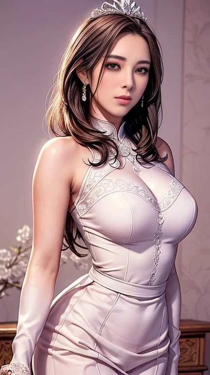 (Best quality,A high resolution,Masterpiece:1.2),Ultra-detailed,Realistic:1.37,Traditional portrait style,Detailed face and eyes,Beautiful lips,fine brushwork,soft, Flowing hair,Delicate flowers in the background,Subtle color palette,Soft lighting,A seamless blend of realism and fantasy,Ethereal atmosphere,Traditional beauty,tempting pose,Crown, White Ao Dai,Elegant Jewelry,Vivid but not overwhelming colors,subtle texture,Meticulous attention to detail,Graceful posture,Expressive eyes,Feminine characteristics,ingenious composition,Artistic talent,An evocative gaze,Fantastical Atmosphere,A sensual and elegant performance,The perfect balance of elegance and sensuality,Delicate facial features and expressions.