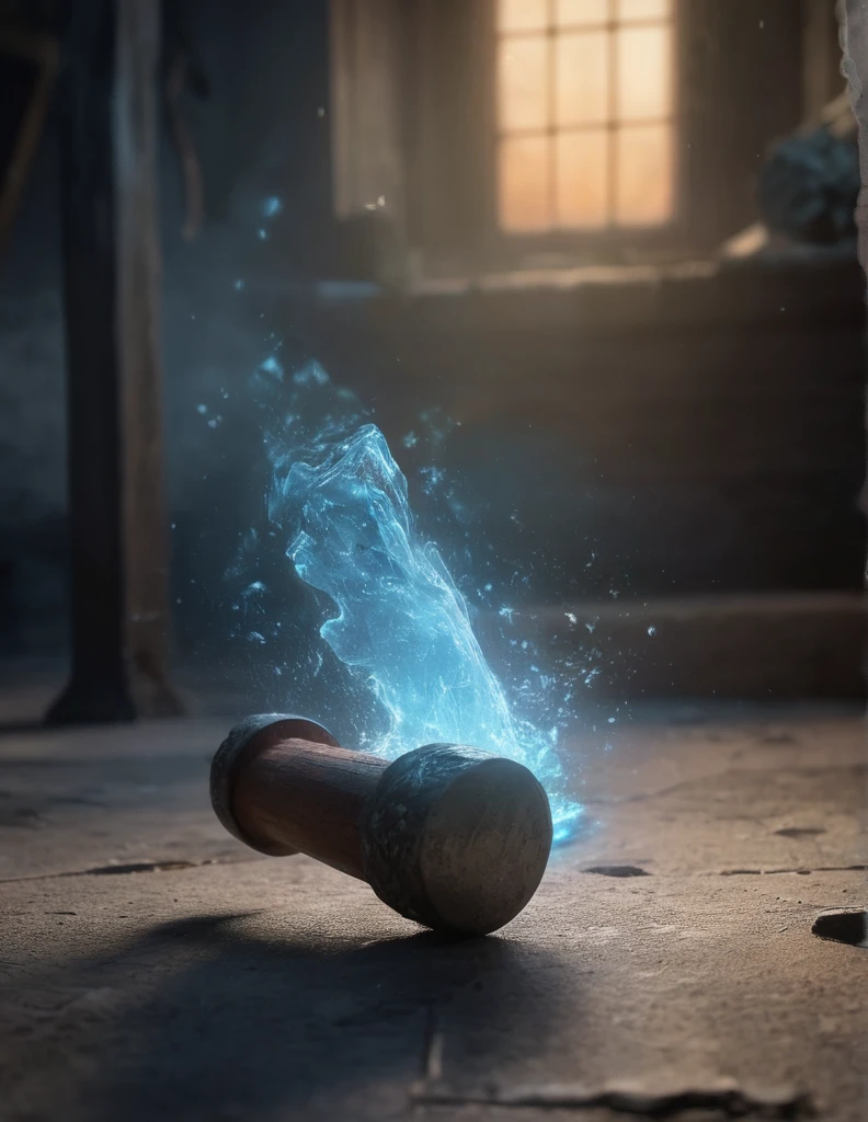 bioluminescent, fabulous, magical radiance, Concept art, depth of field, realistic, cinematic lighting, soft shadows, asymmetrical fractal, colorful, vivid colors, volumetric lighting, wind, particles, ral-crztlgls of a (sledge hammer :1.2) , in a Elder Scrolls setting, 50s Art, Selective focus,