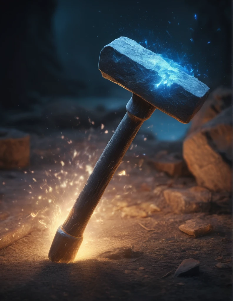 bioluminescent, fabulous, magical radiance, Concept art, depth of field, realistic, cinematic lighting, soft shadows, asymmetrical fractal, colorful, vivid colors, volumetric lighting, wind, particles, ral-crztlgls of a (sledge hammer :1.2) , in a Elder Scrolls setting, 50s Art, Selective focus, 