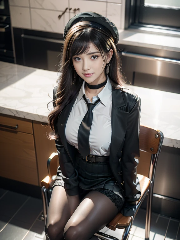 (from above:1.2),(Beautiful Allafed Woman),(((emphasizing breasts:1.0))),(Dynamic angles),(Dynamic and sexy bending pose:1.3),(sit a chair:1.3),(masterpiece:1.2), (Military uniform magazine cover:1.4),best quality,PIXIV,Sweet girl , sexy posture,1girl, (perky chest:1.2), rolling upskirt by wind:1.6, (with sparkling eyes and a contagious smile),open mouth, (pointed chest:1.2),fishnets, black hair, boots, long hair, black nails, skirt, shirt, solo, black footwear, bag, black skirt, jewelry, sitting, jacket, on head, black jacket, thigh strap, bangs, necktie, earrings, nail polish, white shirt, fishnet pantyhose, pantyhose, platform footwear, multicolored hair, looking at viewer, full body, bottle, own hands together, belt, jacket on shoulders, food, animal on head, black necktie, ring, choker, english text, collared shirt, blue eyes, platform boots, hat, cross-laced footwear, lace-up boots ,A scene of cooking in the kitchen