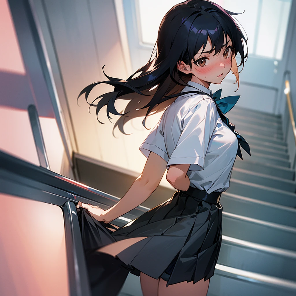 master piece, extremely detailed, high resolution, Makoto shinkai style, high school girl, going up the escalator, looking back at you with her back to you, miniskirt, panties visible, embarrassed as she holds her skirt down, glossy full lips, shiny hair, black hair, medium-long straight hair, short-sleeved shirt, blue bow tie, mid-bust, slender waist, above the waist, looking at the camera, brown eyes, pink lips, blushing cheeks and embarrassed, striped panties visible