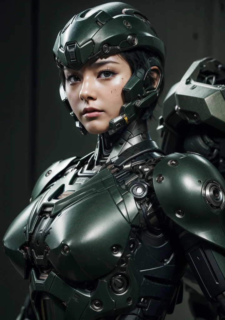 Textured skin, Very detailed, Attention to detail, high quality, 最high quality, High resolution, 1080P, hard disk, beautiful,(War Machine),beautifulサイボーグ女性,Mecha Cyborg Girl,Battle Mode,Girl with a mechanical body Black Hair Short Hair Boyish Dark green armor Soaked Face Change is over Met Off Steam coming out of the head Steam coming out of the whole body Painful expression Please open your mouth wide Snug-fitting headgear