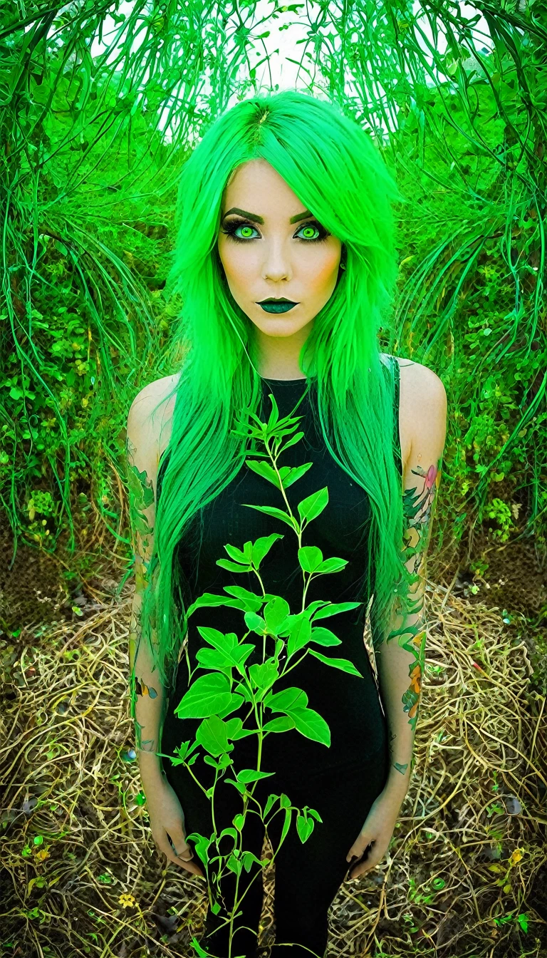 beautiful dlyad girl, green hair, full body, personified, fantasy, expressive eyes, beautiful face, leaves, weeds, sprouts, trees, soil, ethereality, psychedelic, psychedelic delusion, masterpiece 
