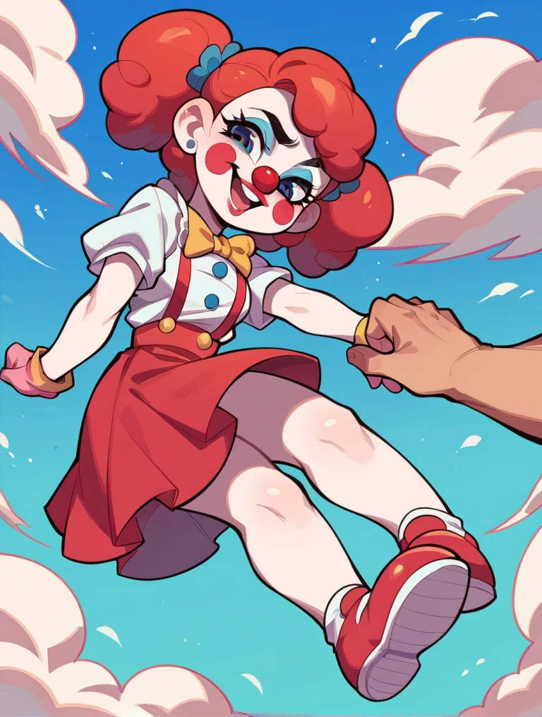 Draw me circus . She is 23 years old, she wears a red skirt, her clown shoes are red, her eyes are green, and her nose is red. She is from the world of electronic games and kicks a man in the face.