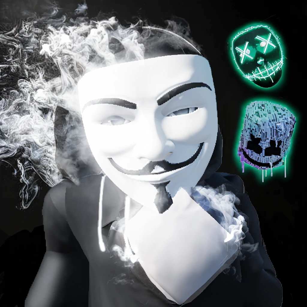 This is a picture of a roblox gfx hacker wearing a black shirt and taking off his hacker mask, looking very cool, surrounded by smoke. Black background, everything becomes super cool.