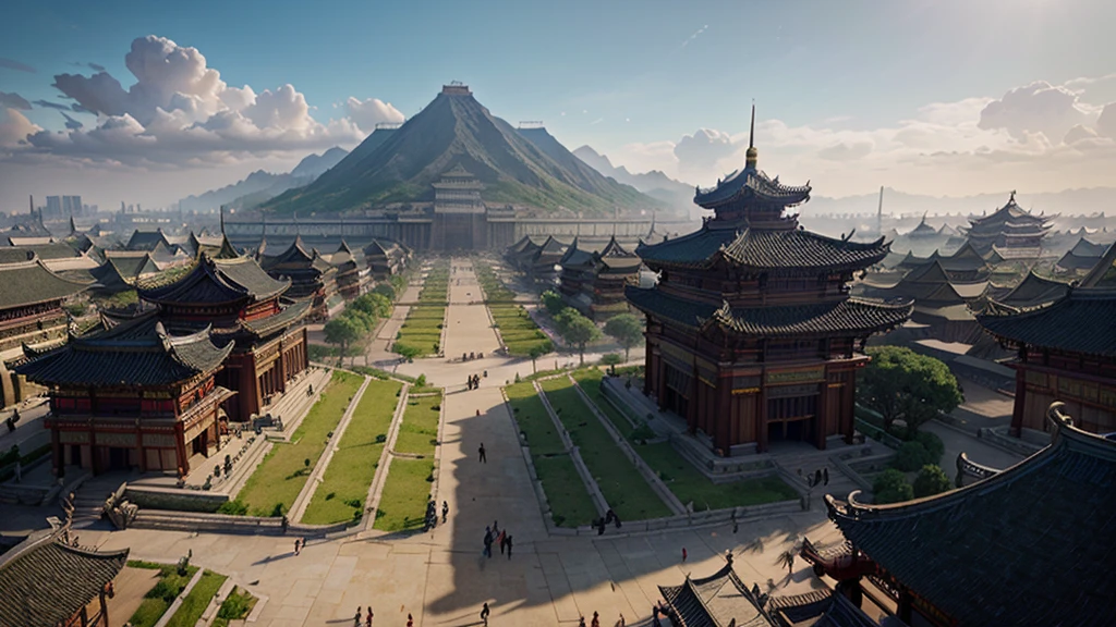 There was a large group of people walking around the city, Beautiful rendering of the Tang Dynasty, epic cinematic matte painting, Huge temple city, 3 d render and matte painting, big and structured valhalla city,highly detailed matte painting, 8k matte painting, 8 k matte painting, exquisite matte painting, a detailed matte painting, cinematic matte painting