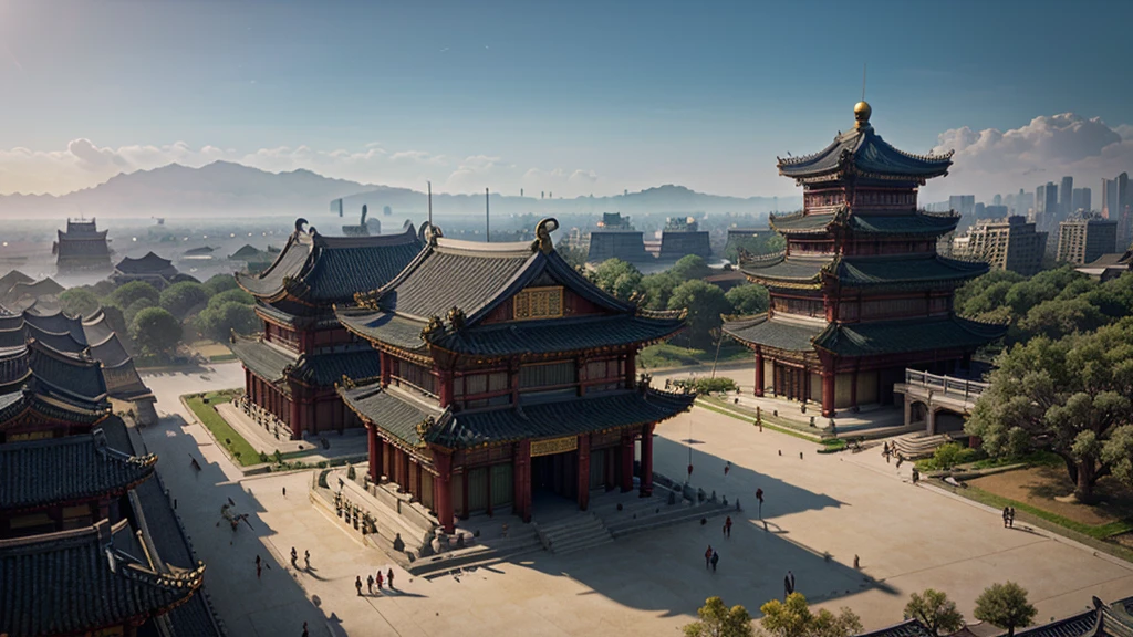There was a large group of people walking around the city, Beautiful rendering of the Tang Dynasty, epic cinematic matte painting, Huge temple city, 3 d render and matte painting, big and structured valhalla city,highly detailed matte painting, 8k matte painting, 8 k matte painting, exquisite matte painting, a detailed matte painting, cinematic matte painting