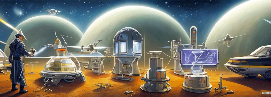 Imagine a sci-fi laboratory where scientific instruments coexist with alien artifacts. In the foreground is a wizard maker creating a holographic projection of an NFT artifact. There are miniature drones flying around him that look like little UFOs. In the background, the electronic control unit for the UFO is being tested. The walls are decorated with drawings of unidentified flying objects (UFOs) and code screens. retro sci-fi painting, retro sci-fi art.