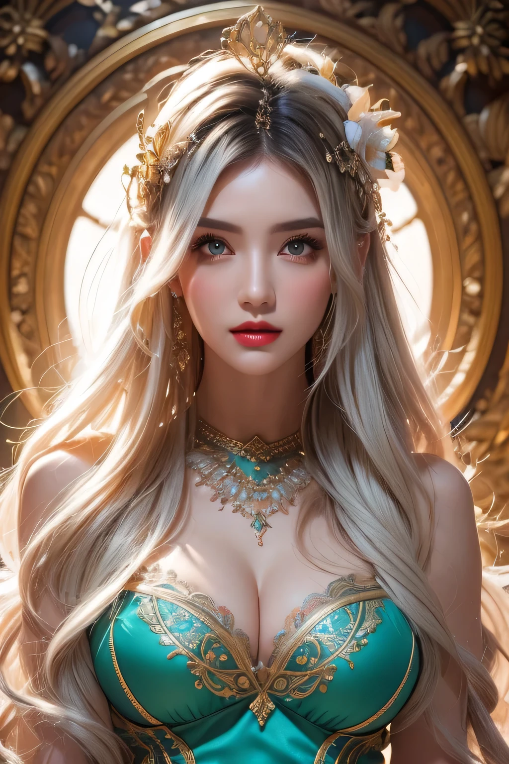 High-quality work,Realistic works,Super premium graphics,8K HD CG works,high quality graphics,High-definition and exquisite CG works,10x pixels,Ultra-fine details:1.1,Advanced technical details:1.1Realistic photo effects,Interior lighting effects:1.5,natural soft light:1.5. Light effect(Virtual light effects:1.8),ultra high resolution,shining dress,sliver long hair,silber hair,transparenthair,high detailed hair(Quality hair details:1.1)Clear eyes,Double eyelids look good,Sharp eye makeup, Create exquisite eyelash makeup, tthin eyebrows, Ultra-detailed eyes,a tall nose, lovely red lips, rosey cheeks, With delicate makeup on her face , pretty face, The face shape is perfectly proportioned,(Advanced facial details:1.1)geometric abstract background, white, Green and blue light, arcane art, Depth of written boundary (get tangled, mandala, geometry abstraction, tangle, get tangled), beautiful, (dynamic angle:1.4), (floating colorful sparkles:1) the most beautiful form of chaos, elegant, brutal designer, bright colors , romanticism, bright colors, glow in the dark, wavy, The nature of symmetry, symmetry, Vertical compact design, paisley pattern, firefly ,cinematic light, sexy woman in armor, legendary warriors , beautiful baby, SEX pose, erotic design , erotic face, erotic pose, Pore white hair, , Big eyes, sexy eyes, whole bodyタトゥーだらけ, red lips, sexy lips, sexy face, naked, erotic, erotic pose, whole body, fall angel, , angle of death, holly angel,Women's artwork,Dress full body video,Realism,Amazing Cleavage,My eyes are very bright today