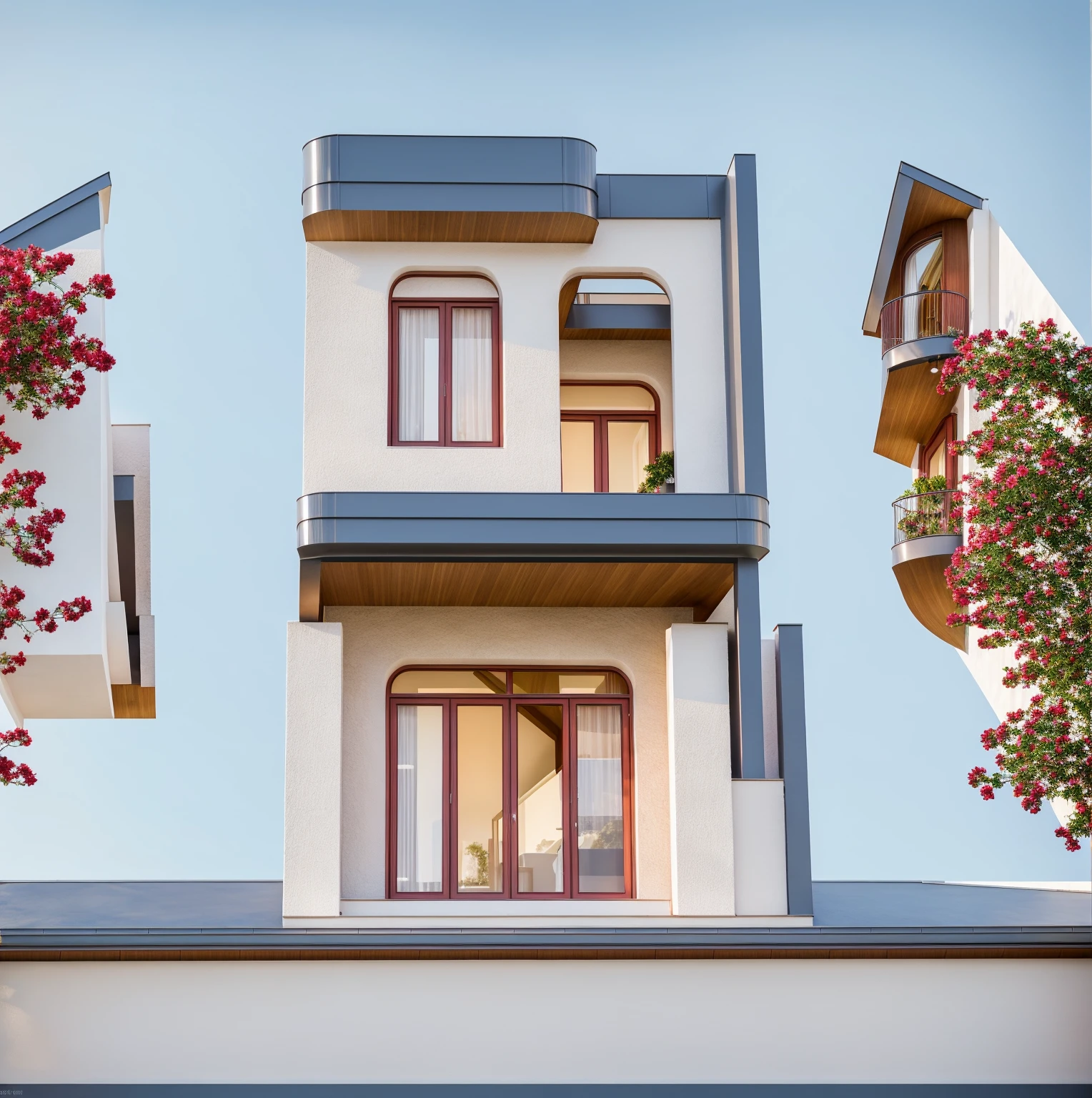 PLATEFORME KTHOUSE, Beaucoup de belles fleurs rouges le long de la route:1.3, romantique, 1 maison de style néoclassique, La maison de ville est faite de murs blancs, belle lumière, journée de beauté, ensoleillé, Beaucoup de bougainvilliers rouges le long de la route:1.3, belle sensation de jeunesse :1.2, soleil à midi, Très belles ombres,