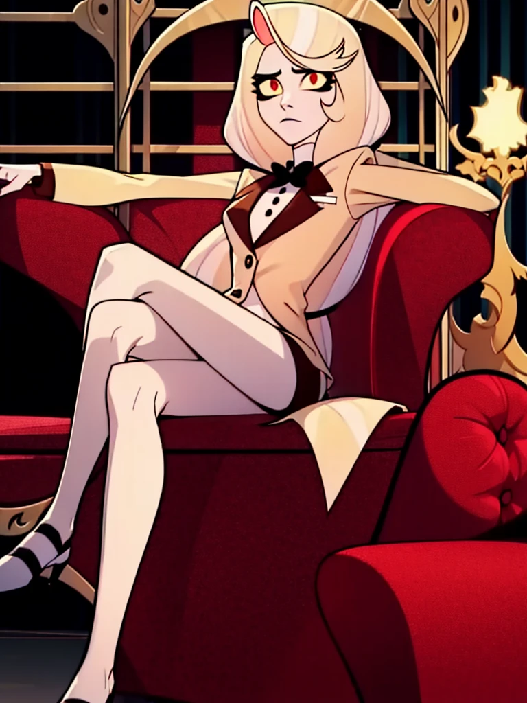 Charlie Morningstar, sitting on throne, horns, crossed legs, blonde, looking at viewer, 