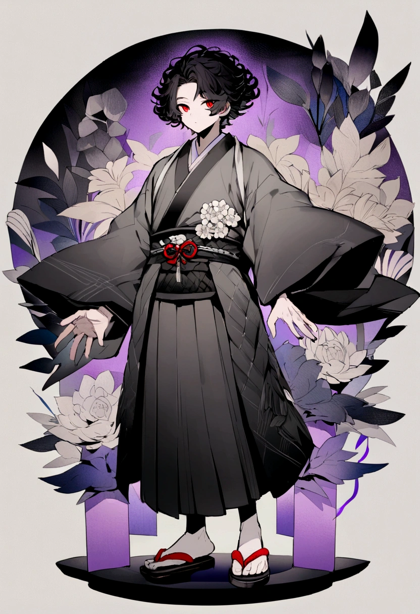 Male anime character Height 1.9 mts, black curly hair reaching the shoulders, Traditional gray kimono from Japan with black and white flowers, traditional sandals, red eyes with purple glow and a black fan in the right hand