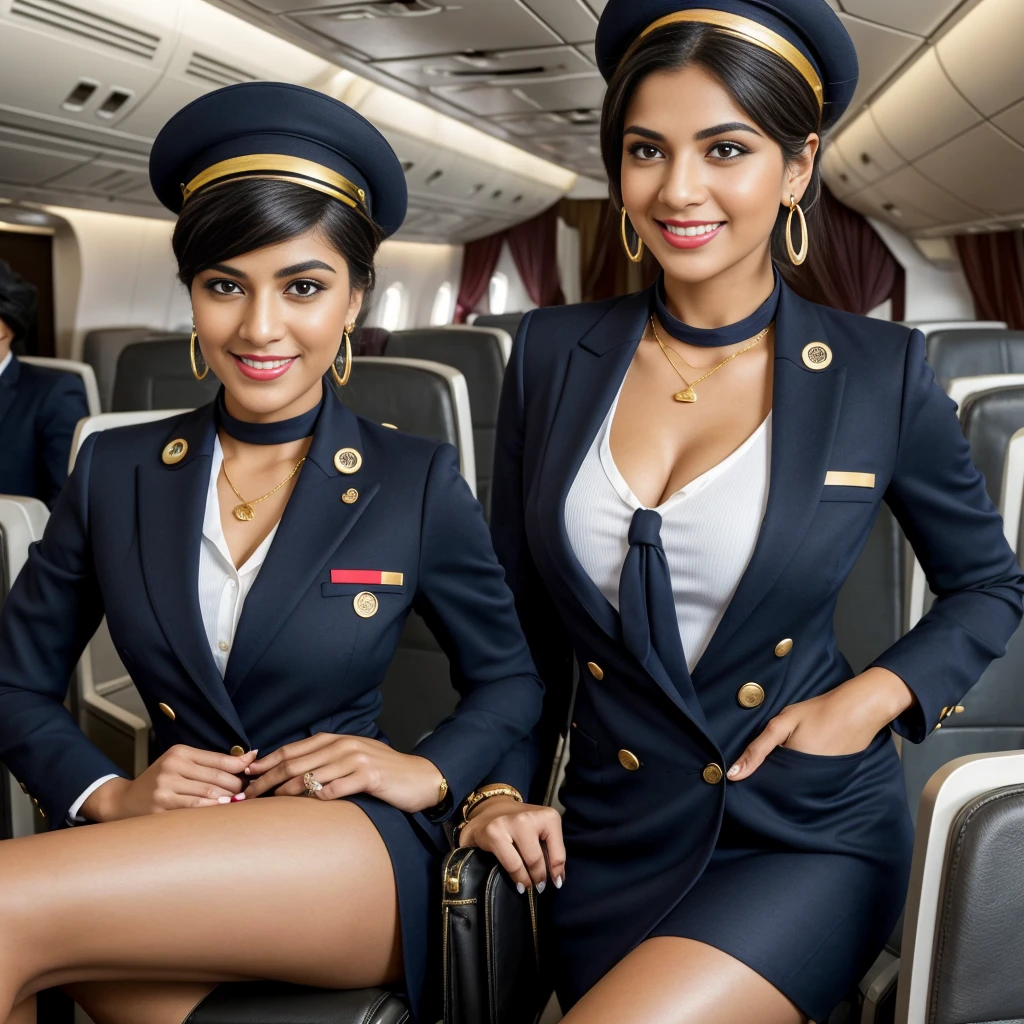editorial photo of a south Indian woman, shot on CineStill 800T, ((wearing indian airhostess uniform :1.4)), in an airplane, 32k, cinematic composition, professional color grading, film grain, atmosphere, wondrous, visible navel, ((anatomically correct:1.4)), hyperrealistic, (looking at camera), busty, smiling, ((full body shot)), (onoff:1.3), athletic milf body